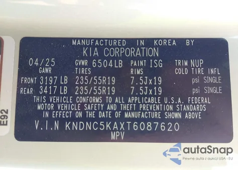 2026 Kia Carnival Mpv Hybrid Ex from USA, damaged, VIN KNDNC5KAXT6087620